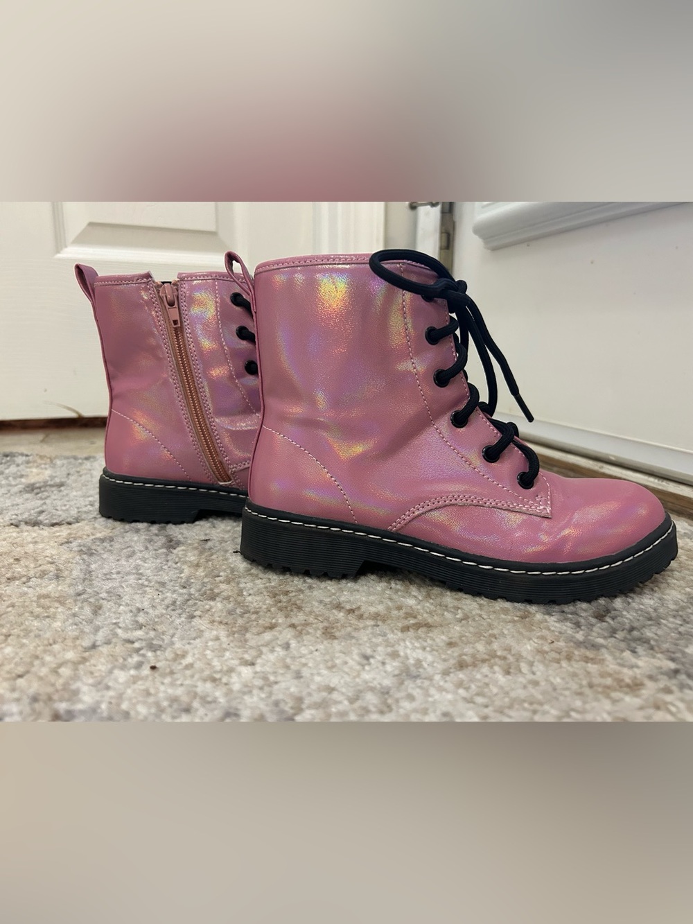 Chloe Pink Iridescent Lace-Up Kids Boots